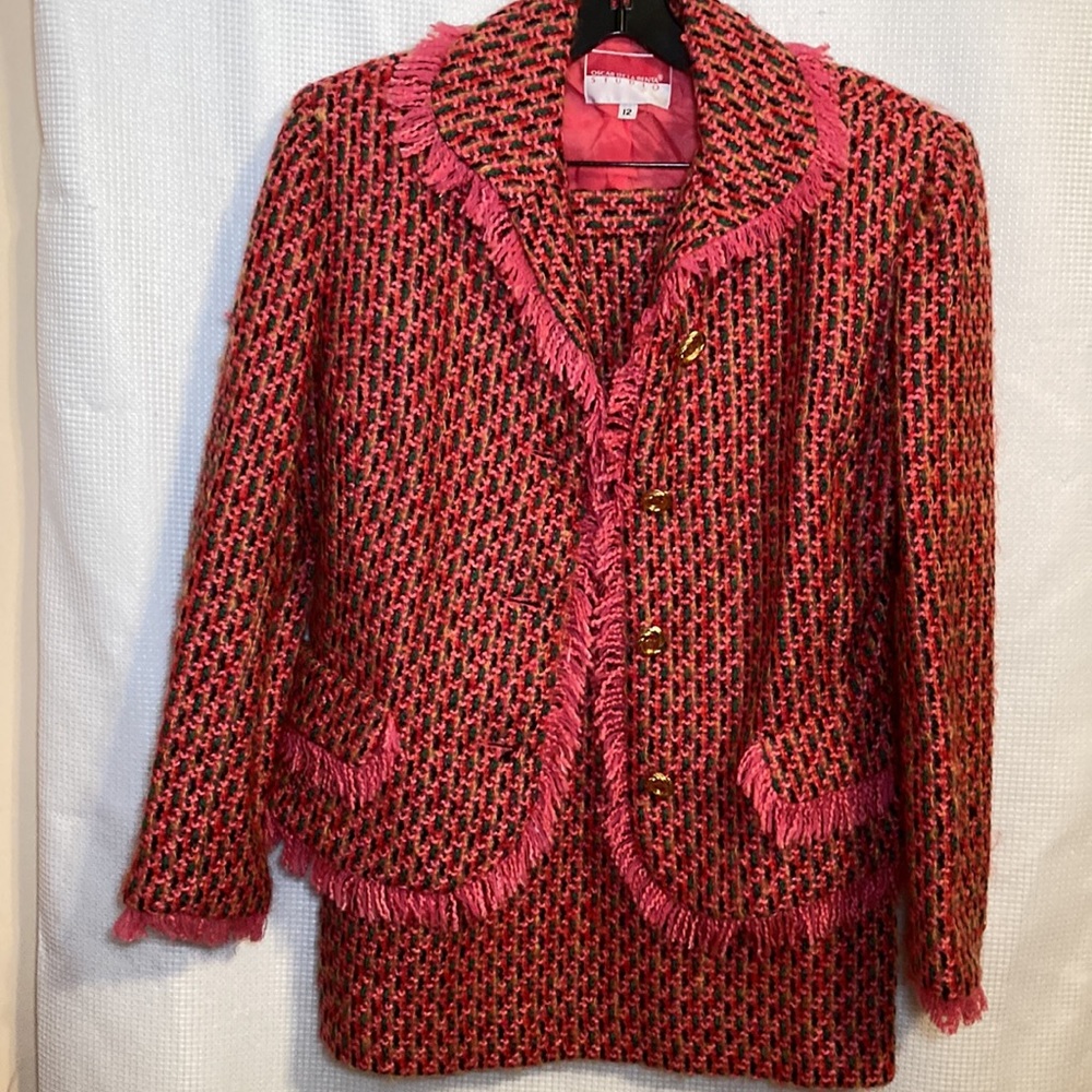 Vintage Oscar De La Renta Studio 2 Piece Skirt Suit in Pink, Green and Burgundy